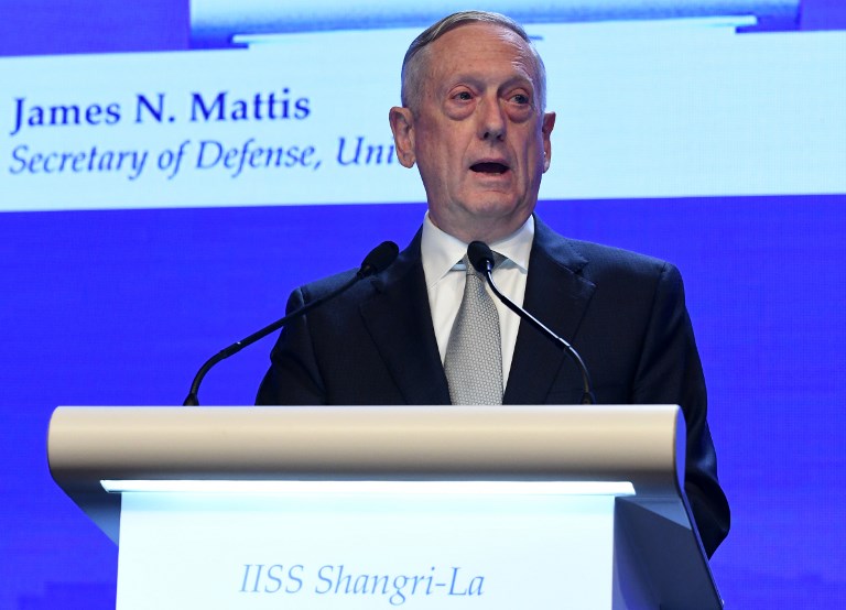 DEFENSE CHIEF. US Defense Secretary James Mattis delivers his speech during the first plenary session of the 17th Asian Security Summit of the IISS ShangriLa Dialogue in Singapore on June 2, 2018. Photo by Roslan Rahman/AFP  
