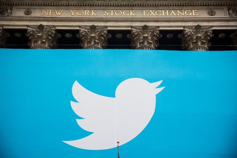 MAKING NOISE. The Twitter logo appears outside the New York Stock Exchange (NYSE) in this file photo. The once heavily beleaguered social network posts strong growth for the second straight quarter. Photo by Andrew Burton/AFP 