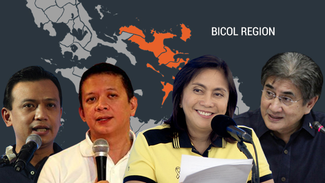 BICOLANOS. Senators Antonio Trillanes IV (1st from left), Chiz Escudero (2nd from left), and Gringo Honasan (1st from right) as well as Camarines Sur Representative Leni Robredo (2nd from right) all come from the Bicol region. Graphics by Alyssa Arizabal 