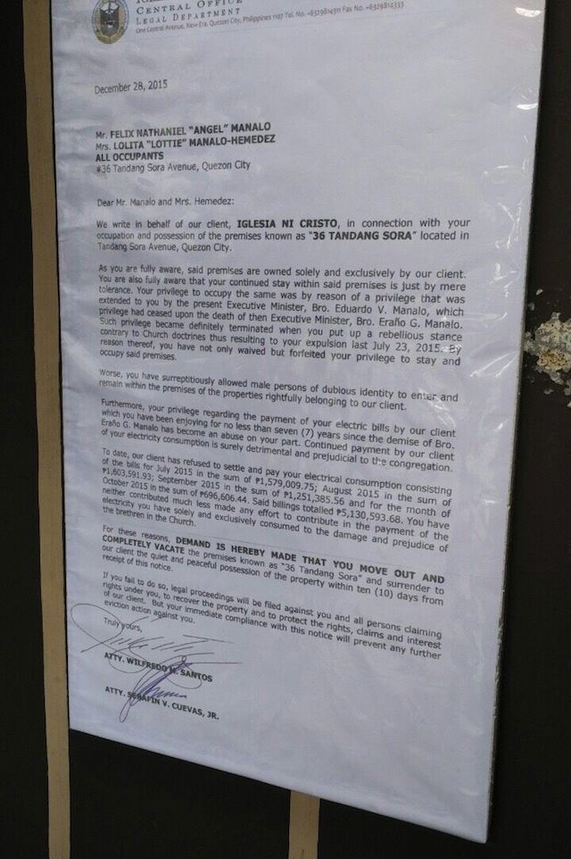 VACATE PREMISES. In a letter dated December 28, 2015, the INC wants the Manalo siblings to vacate the 36 Tandang Sora property. Sourced photo 