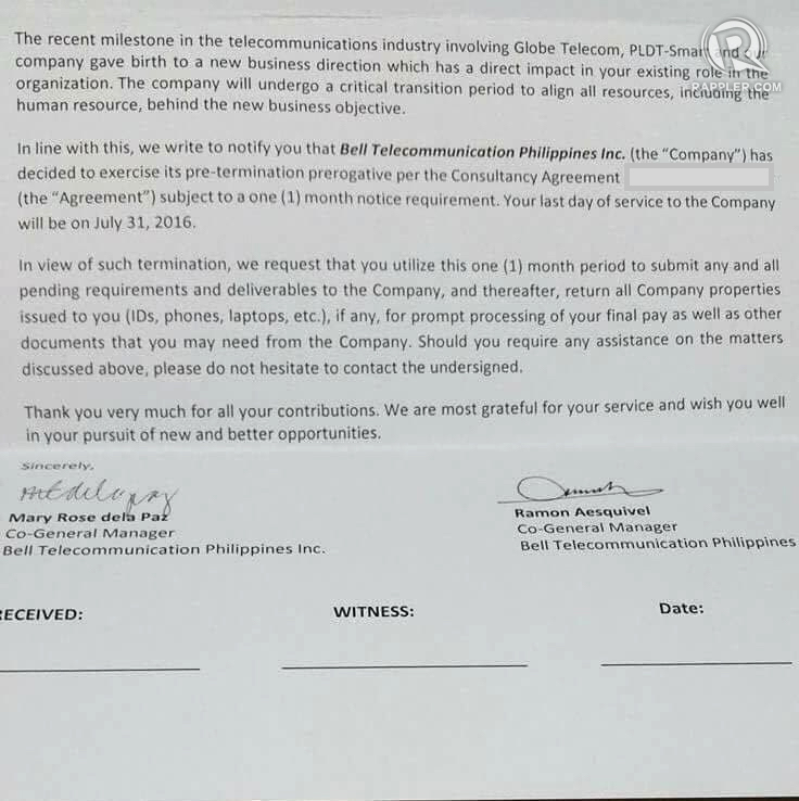 A copy of the termination letter obtained by Rappler