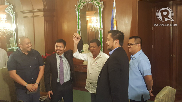 ENDORSEMENT? President Rodrigo Duterte raises Senator Manny Pacquiao's hand and says, 'For president na 'to ha!' Photo by Pia Ranada/Rappler 