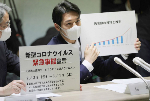 EMERGENCY. Hokkaido Governor Naomichi Suzuki (R) declares a state of emergency during a meeting on the new coronavirus in Hokkaido prefecture on February 28, 2020. Photo by STR/Jiji Press/AFP 