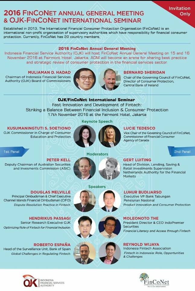 Seminar internasional OJK/FinCoNet dengan tema tema "Striking a Balance Between Innovation and Consumer Protection" akan digelar di Hotel Fairmont, Jakarta, 17 November. 
