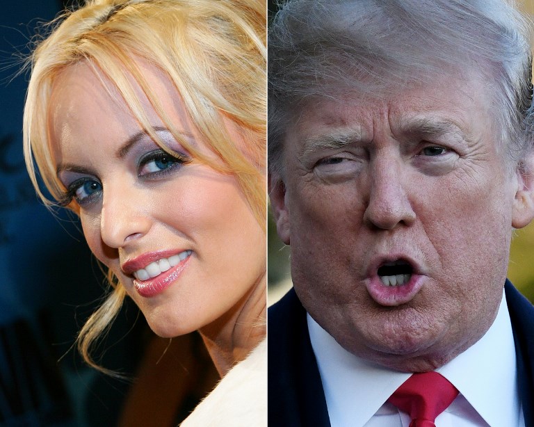 DANIELS AND TRUMP. This combination of pictures created on March 25, 2018 shows file photos of adult film actress Stormy Daniels and US President Donald Trump. Photos by Ethan Miller, Olivier Douliery/AFP  