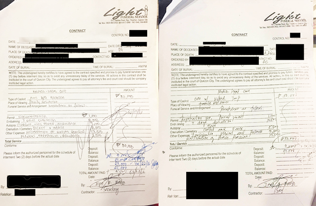 DOCUMENTED. Families are unable to afford high funeral costs shown in contracts. Photo of documents obtained by Rappler  