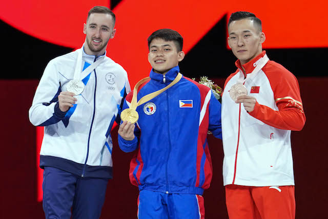 STANDOUT. At 19 years old, Carlos Yulo upsets Israel's Artem Dolgopyat and China's Ruoteng Xiao in the men's floor exercise final of the world championship. Photo by Jat Tenorio/Red Ox Media Events   