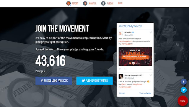 The website tracks online pledges made against corruption using #NotOnMyWatch. 