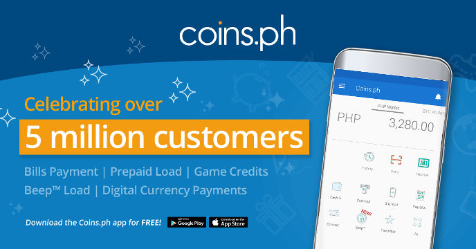 5 MILLION CUSTOMERS. Coins.ph celebrates 5 million customers, and announces Ethereum support and incoming support for Bitcoin Cash. Image from Coins.ph. 