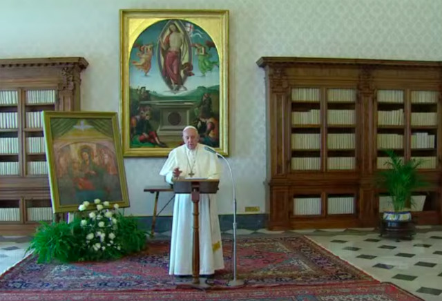 LIVESTREAMED. Pope Francis delivers his message from the Vatican library. Screenshot from Vatican News Youtube 