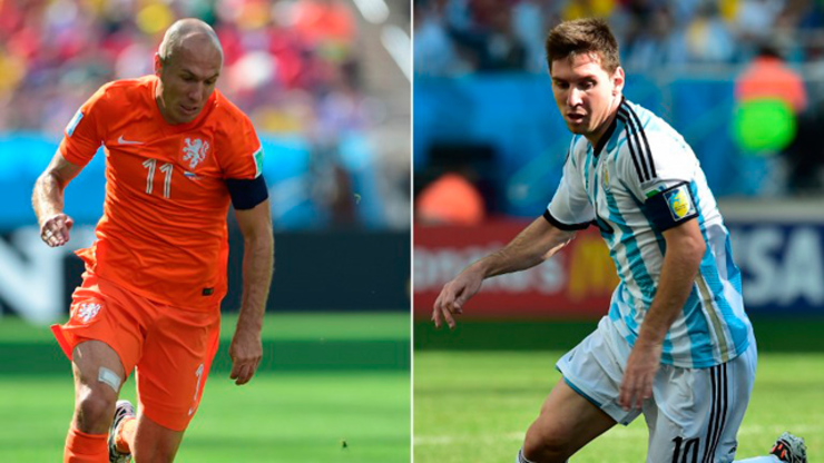 CLASH OF TITANS. Arjen Robben of Netherlands (L) and Lionel Messi (R) will lead their teams in a semifinal showdown. Photos by AFP