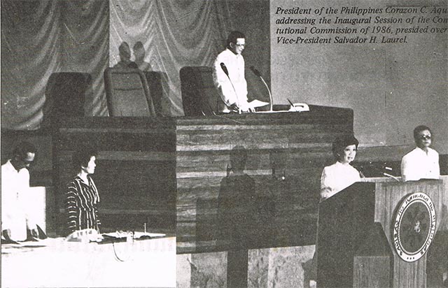 FIRST. President Corazon Aquino addresses the 1986 Constitutional Commission during its inaugural session. Photo from the Official Gazette 