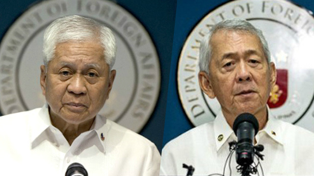 OLD AND NEW. Former Foreign Secretary Albert del Rosario (left) and current Foreign Secretary Perfecto Yasay Jr hold different views about the Philippines' case against China. Del Rosario's photo by AFP; Yasay's photo by EPA 