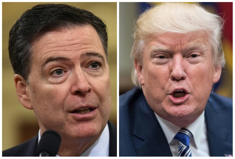 RUSSIA PROBE. These two file photos show then FBI Director James Comey (left) in Washington, DC, on March 20, 2017; and US President Donald Trump in Washington, DC, on June 6, 2017. File photos by Nicholas Kamm/AFP  