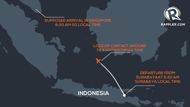 HILANG KONTAK. Pesawat hilang kontak di titik ini, 160 kilometer dari Tanjung Pandan Belitung/Rappler