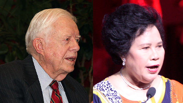FIGHTING CANCER. Senator Miriam Defensor Santiago (right) says she is encouraged by former US President Jimmy Carter. Santiago's photo by Pat Nabong/Rappler; Carter's photo from public domain  