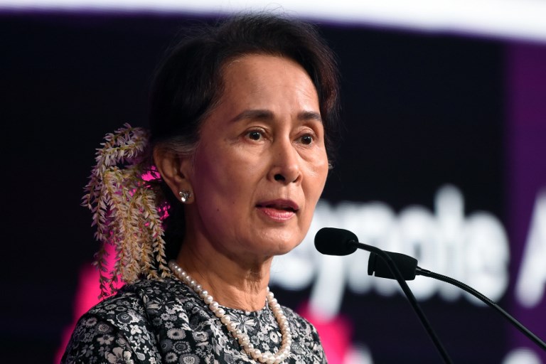 STRIPPED. Myanmar State Counsellor Aung San Suu Kyi speaks at a business forum on the sidelines of the 33rd ASEAN summit in Singapore on November 12, 2018. Photo by Roslan Rahman/AFP  