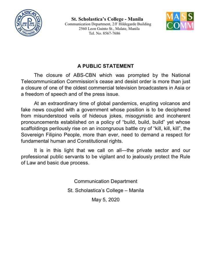 St. Scholastica's College - Manila says ABS-CBN's shutdown is "more than just a freedom of speech and of the press issue." 