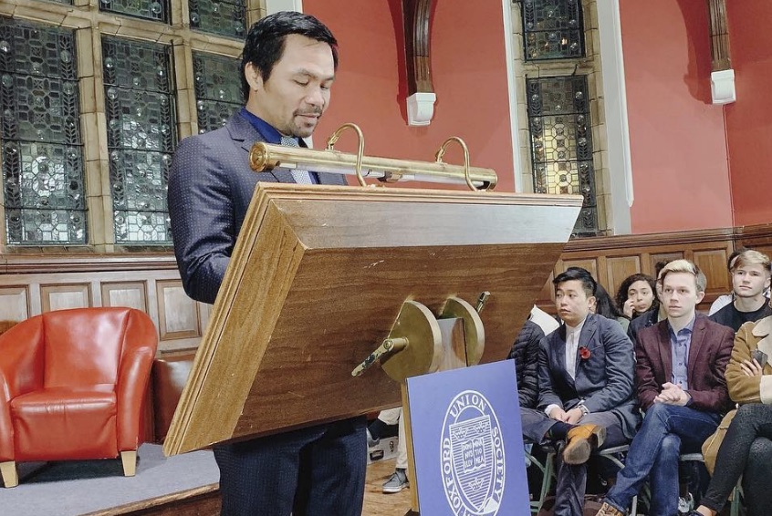 SPEECH. Senator Manny Pacquiao delivers his message before students of the Oxford Union. Photo from Jinkee Pacquiao's Instagram   