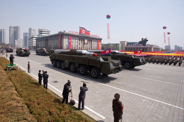 SHOW OF FORCE. In this file photo, Musudan-class missiles are displayed during a military parade in honour of the 100th birthday of the late North Korean leader Kim Il-Sung in Pyongyang on April 15, 2012. Ed Jones/AFP 