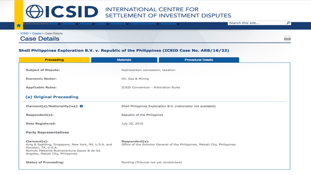 Screen shot from ICSID Website 