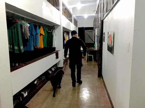 SWEEPING EVERY CORNER. Bomb-sniffing dogs check one of the dorms inside VSU Upper Campus on March 27, 2019. Contributed photo  