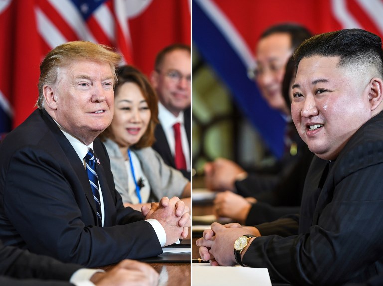 FACE-OFF. This combination of pictures made and taken on February 28, 2019 shows US President Donald Trump and North Korea's leader Kim Jong-un smiling during a bilateral meeting at the second US-North Korea summit at the Sofitel Legend Metropole hotel in Hanoi. Photo by 
Saul Loeb/AFP   