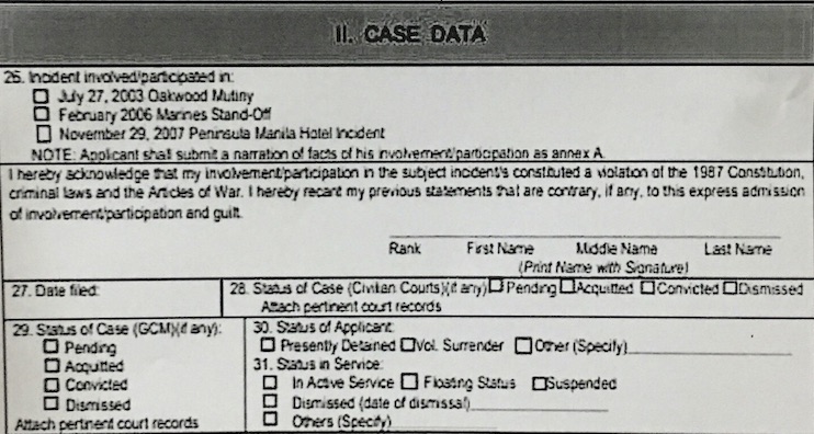 ADMISSION OF GUILT. Senator Trillanes says he admitted his guilt by signing this part of the application form in 2011.  
