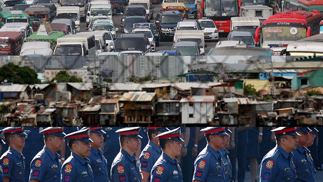 METRO PROBLEMS. Traffic and transportation, cost of living, and crime prevention top list of priority development areas from Rappler's survey. Photos by Joel Liporda ; Noel Celis/AFP ; Darren Langit/Rappler 
