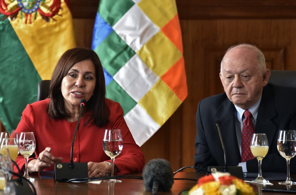 TURNOVER. Bolivian Foreign Minister Karen Longaric (left) and Bolivian appointed Ambassador to the US, Walter Serrate, speak during a conference La Paz on November 28, 2019. Photo by Aizar Raldes/AFP  