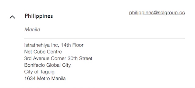 FRONTS? The email address and office listed in SCL's website for the Philippines are both inaccurate. Screenshot from SCL website 