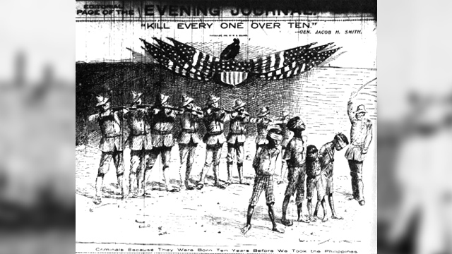 EDITORIAL CARTOON. The editorial cartoon of the New York Evening Journal on May 5, 1902, depicting soldiers carrying out the order of General Jacob H. Smith to 'kill everyone over 10'. Photo from Wikipedia Commons    