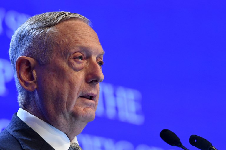 JAMES MATTIS. US Defense Secretary James Mattis delivers his speech during the first plenary session of the 17th Asian Security Summit of the IISS ShangriLa Dialogue in Singapore on June 2, 2018. Photo by Roslan Rahman/AFP 