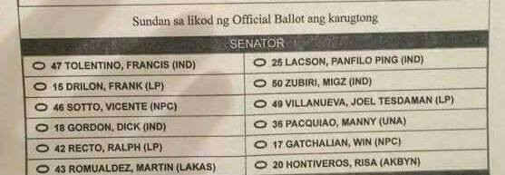 INC'S LIST. A sample ballot obtained by Rappler shows senatorial candidates being endorsed by the church. Photo sourced by Rappler 