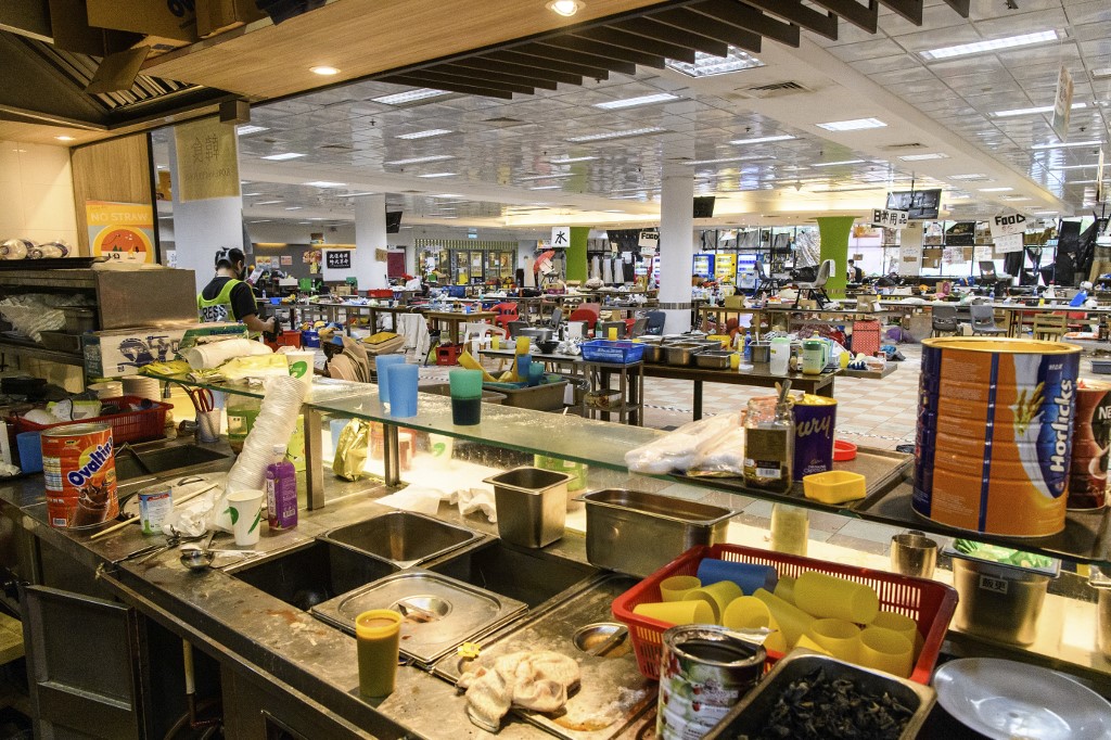 POLY U CANTEEN. A general view shows the canteen kitchen at the Hong Kong Polytechnic University in the Hung Hom district of Hong Kong on November 26, 2019, over a week after police surrounded the building while protesters were still barricaded inside. Photo Anthony Wallace/AFP  