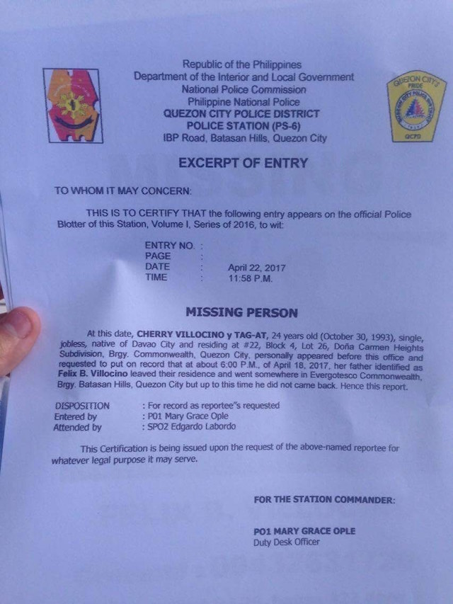 MISSING PERSON REPORT. The daughter of ex-INC member Felix Villocino files a missing person report with the Quezon City Police Station 6. Photo from Rhoda Villocino