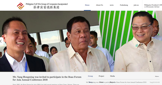 The top right corner reads 'Philippine President's Office of Economic Adviser.' Screenshot of Philippine Full Win Group f Companies website 