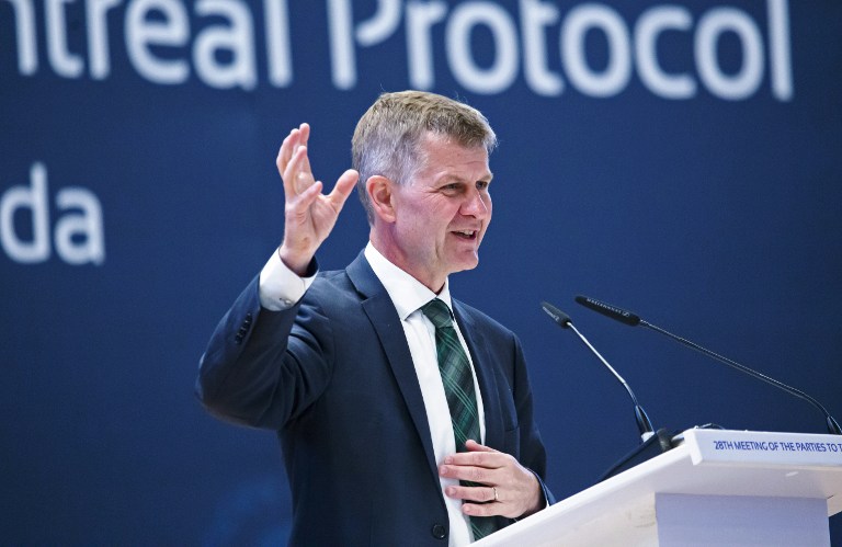 ERIK SOLHEIM. Erik Solheim, executive director of the United Nations Environment Program (UNEP), speaks during the official opening of the 28th meeting of the Parties to the Montreal Protocol in Kigali on October 13, 2016. File photo by Cyril Ndegeya/AFP 