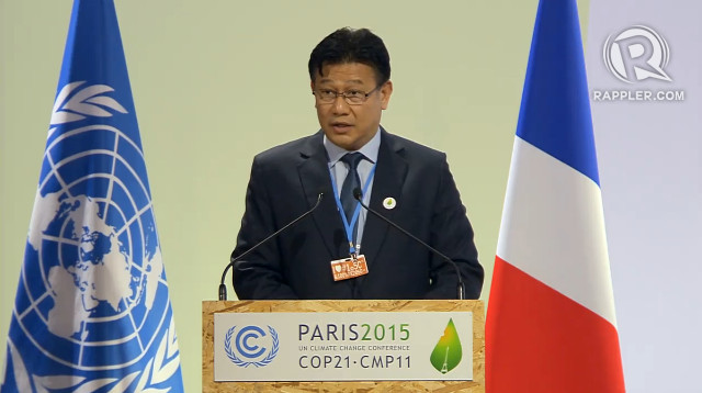 CLIMATE DIPLOMACY. Environment Secretary Ramon Paje delivers the Philippine statement during a high-level meeting on December 8, 2015 at COP21. Screenshot from UN webcast 