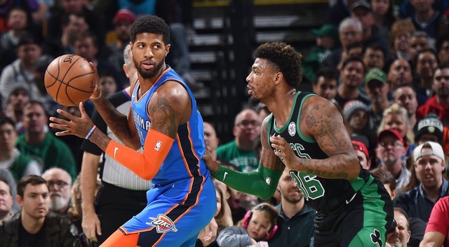SNAPPED. Paul George and the Oklahoma City Thunder fail to stretch their winning streak against the Boston Celtics. Photo from Twitter (@NBA) 