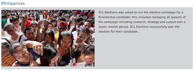 PHILIPPINE CLIENT. The 2010 version of SCL's website claims it ran the election campaign of a presidential candidate in the Philippines. Screenshot from web.archive.org 