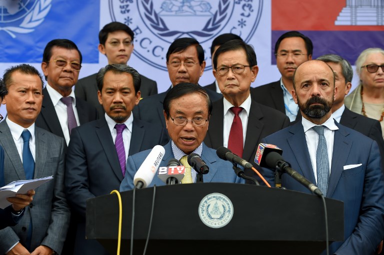VERDICT. Cambodian Deputy Prime Minister Bin Chhin (C), speaks as Legal Counsel of the United Nations, Under-Secretary-General for Legal Affairs Miguel de Serpa Soares (2nd-R) looks on during a press conference after the verdict of two former Khmer Rouge leaders at the Extraordinary Chambers in the Courts of Cambodia (ECCC) in Phnom Penh on November 16, 2018.Photo by Tang Chhin Sothy/AFP 
