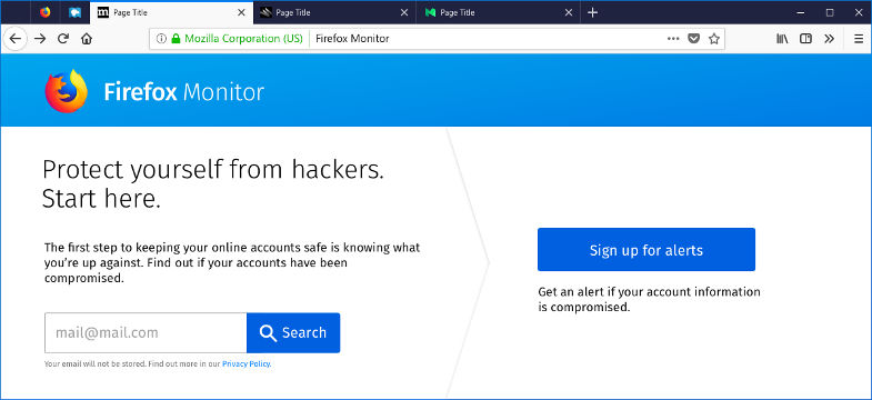FIREFOX MONITOR. Firefox is testing a new service that helps people stay aware of data breaches. Image from Firefox. 