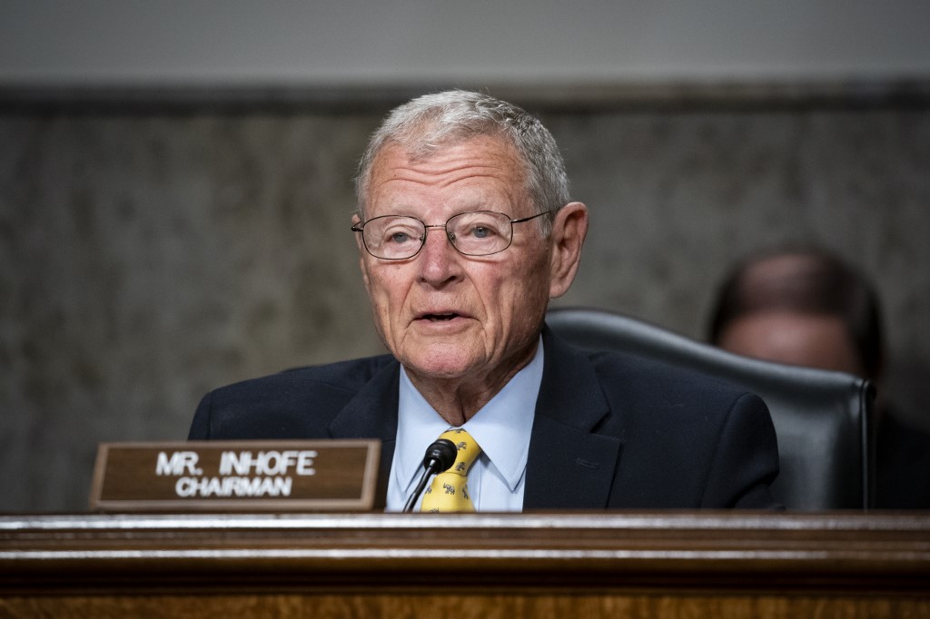 SANCTION. In this file photo taken on May 7, 2020, US Senator Jim Inhofe, a Republican from Oklahoma, speaks during a Senate Armed Services Committee confirmation hearing in Washington, DC. Photo by Ai Drago/Getty Images North America/AFP  
