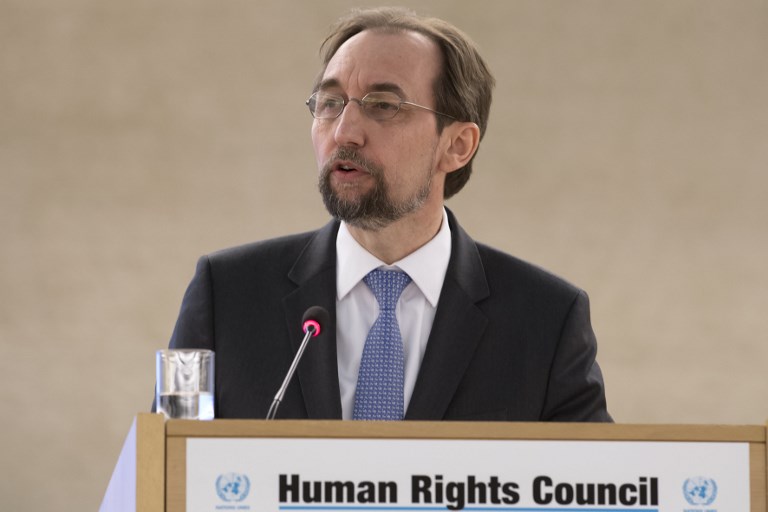 ZEID RA'AD AL HUSSEIN. United Nations (UN) High Commissioner for Human Rights Zeid Ra'ad Al Hussein addresses the 37th session of the United Nations Human Rights Council on February 26, 2018 in Geneva. Photo by Jean-Guy Python/AFP  
