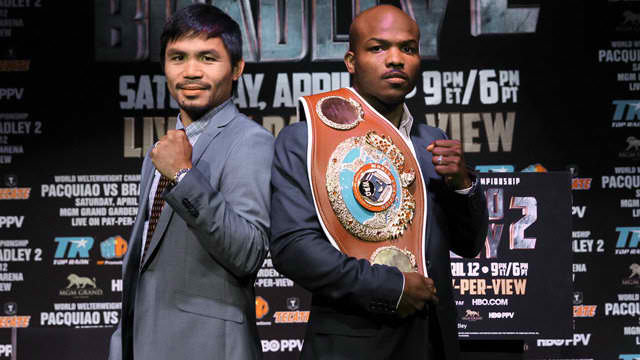 TRILOGY. Manny Pacquiao and Timothy Bradley will fight once more on April 9. File photo by Chris Farina/Top Rank 