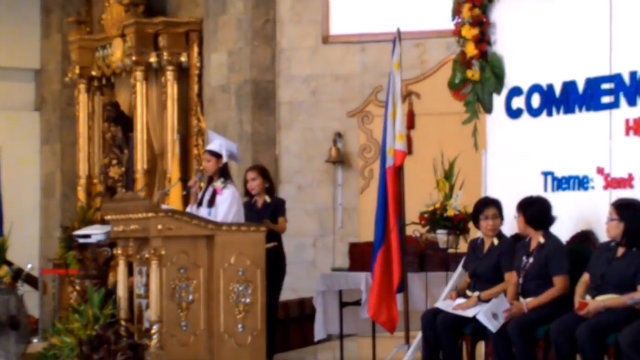 INTERRUPTED. Kristel Mallari, a graduating student from the Sto Niño Parochial School in Quezon City, is interrupted by school officials as she delivers her salutatorian speech that hinted on her school’s lack of fairness. Screengrab from YouTube
 