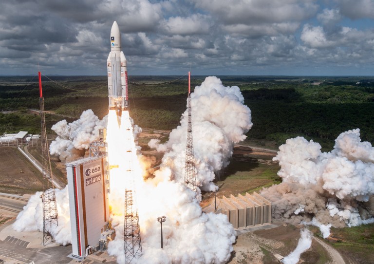 GALILEO. This file photo shows the Ariane 5 rocket with a payload of 4 Galileo satellites lifting off from the European Spaceport in Kourou, French Guiana. Britain will be able to use Galileo's open signal, but its armed forces and emergency services may be denied access to an encrypted system when it is fully operational in 2026. File photo by S. Martin/ ESA/ CNES/ ARIANESPACE/ AFP    