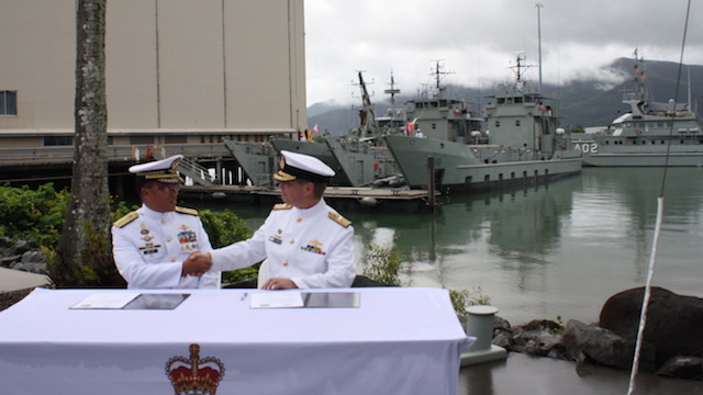 TURN-OVER CEREMONY. Philippine Navy chief Vice Admiral Jesus Millan formally accepts the 2 supply ships from Australia. PH Navy photo 