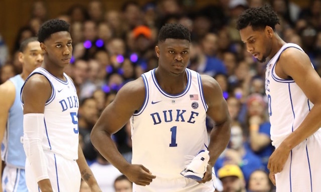 DOMINANT DUO. Zion Williamson (middle) and RJ Barrett (left) of Duke University are expected to land in the top 3. Photo by Streeter Lecka/Getty Images/AFP  